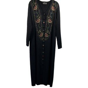 VTG Carole Little Sweater Dress M Black Embroidered Wool Blend Knit Long Sleeves